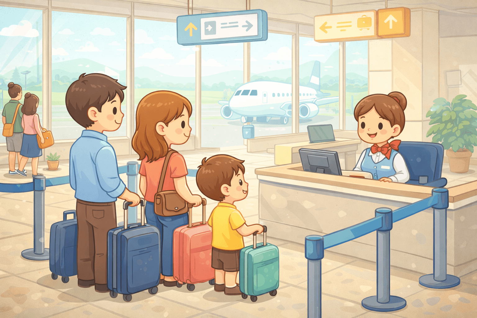 A traveler checking in at an airport counter with luggage