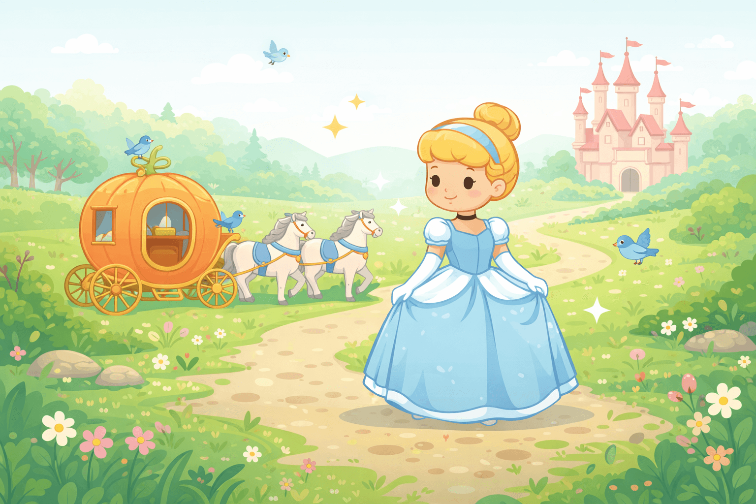 Cinderella in her beautiful ball gown with glass slipper