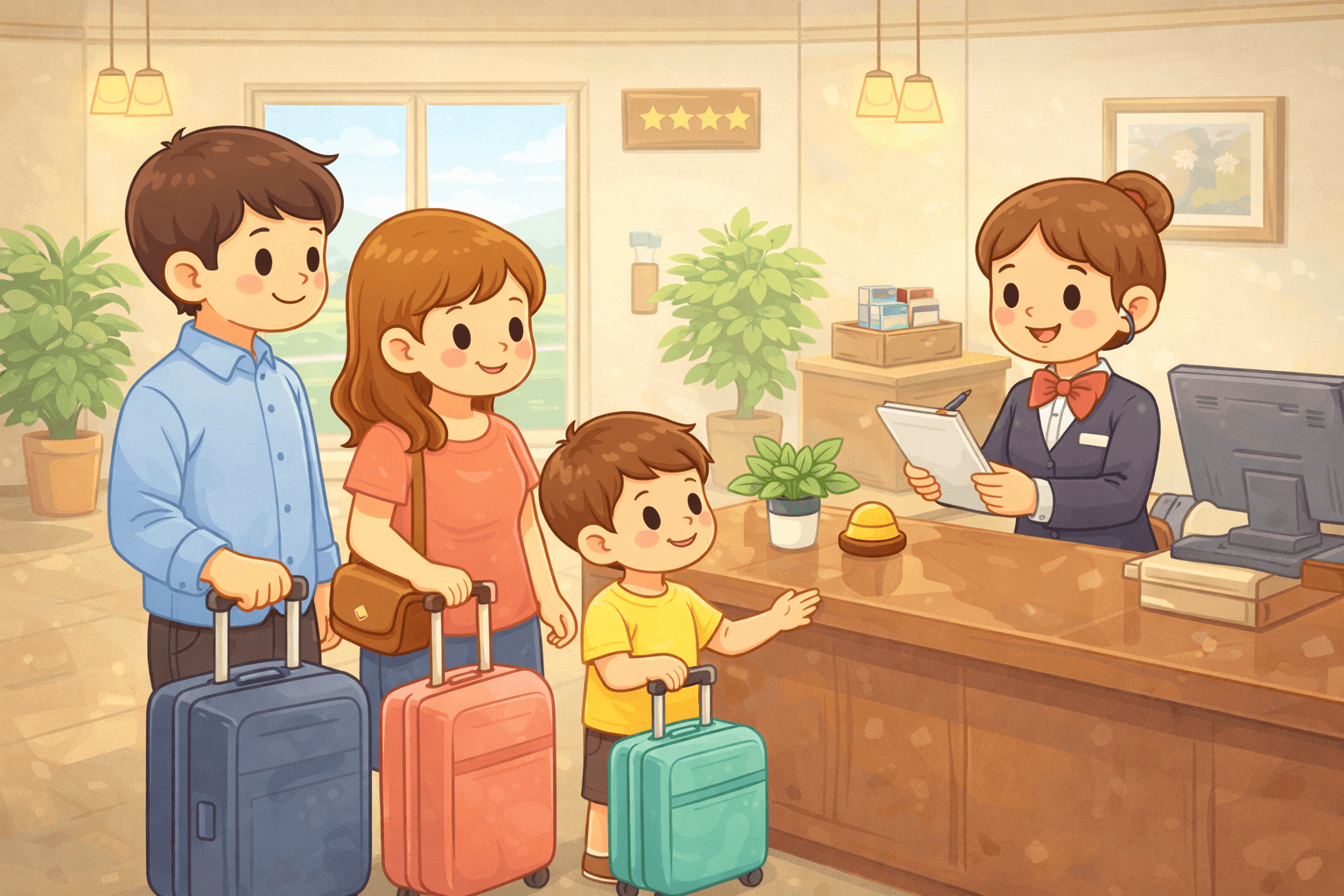 A guest checking in at a hotel reception desk