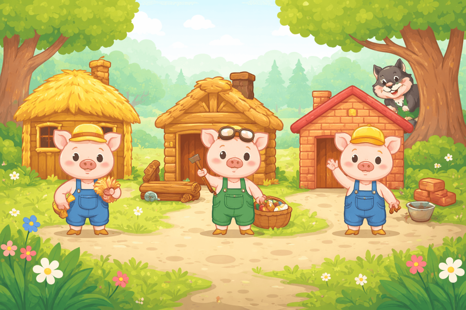Three little pigs building their houses